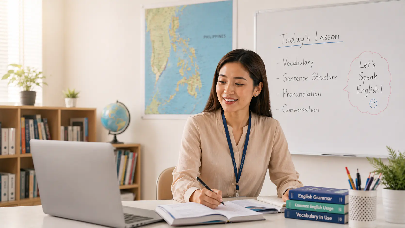 A teacher guiding an English lesson with digital learning materials