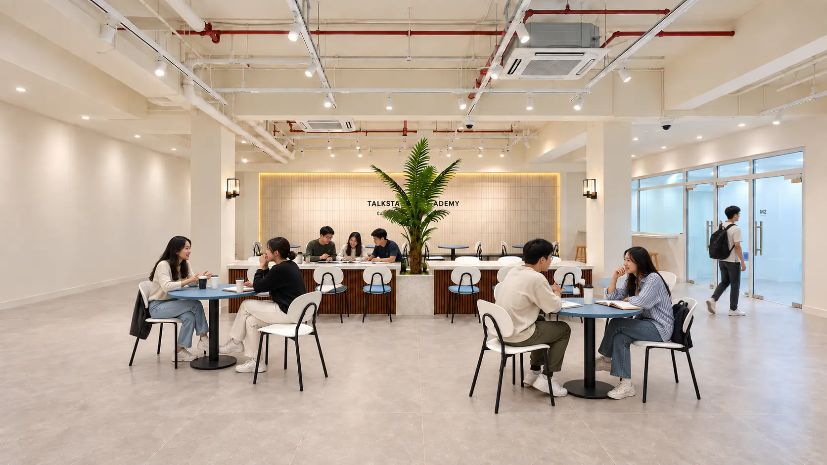 Students studying and talking at the tables of the TSA lounge