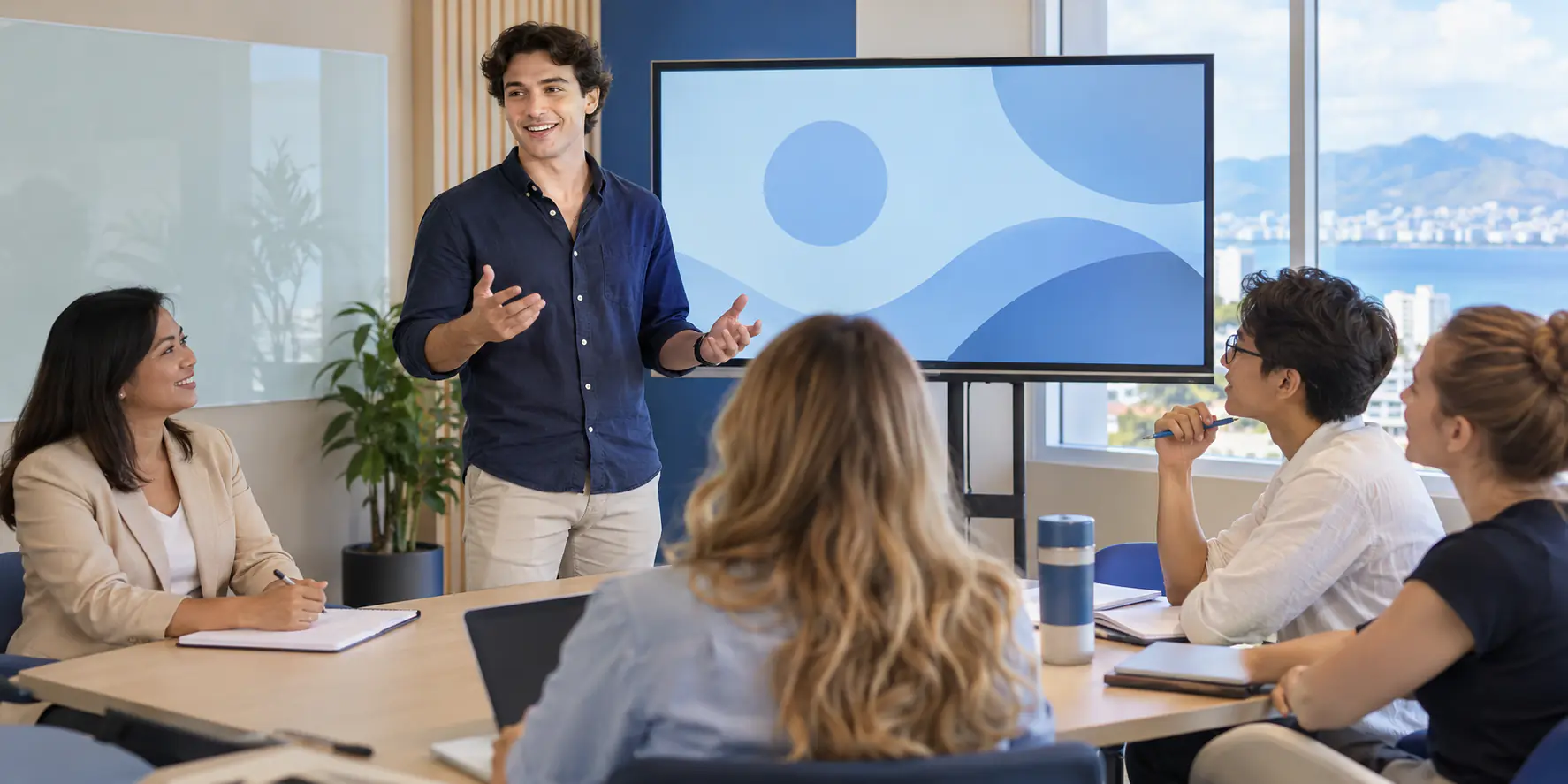 A student presenting to classmates in front of a display screen