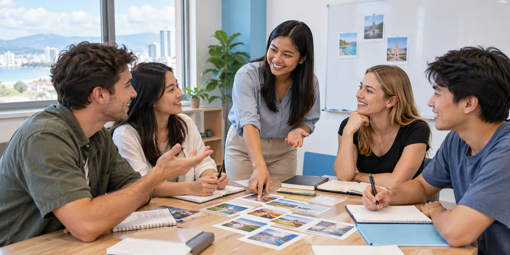 A teacher leading a small group of students through a discussion activity