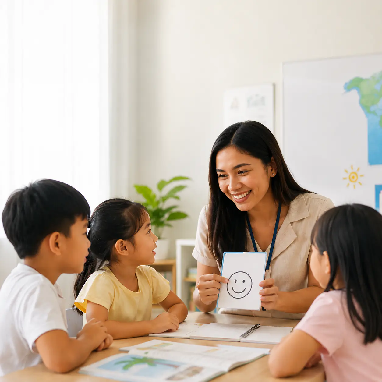 A teacher encouraging students to participate in English