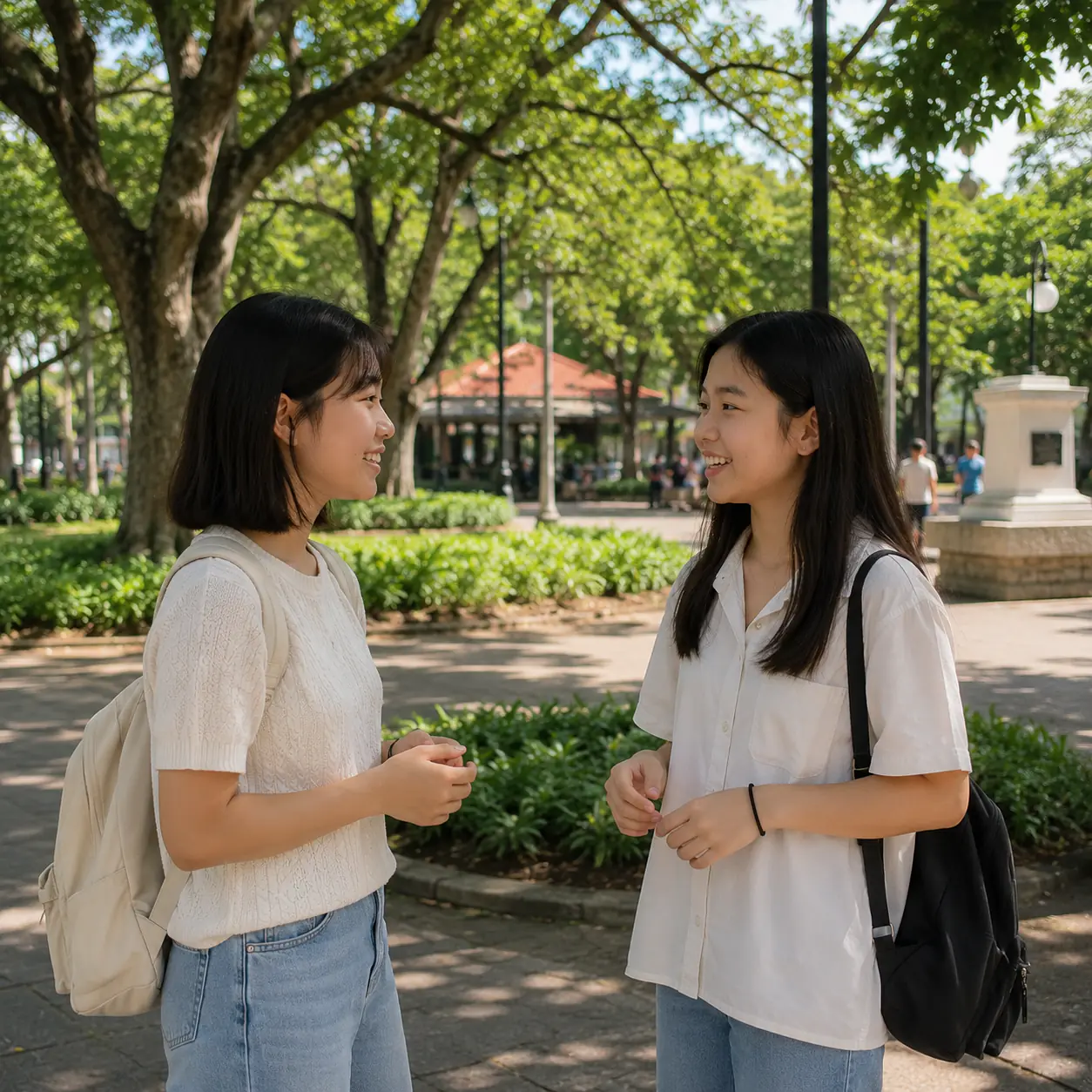 Students building friendships through conversation outside class