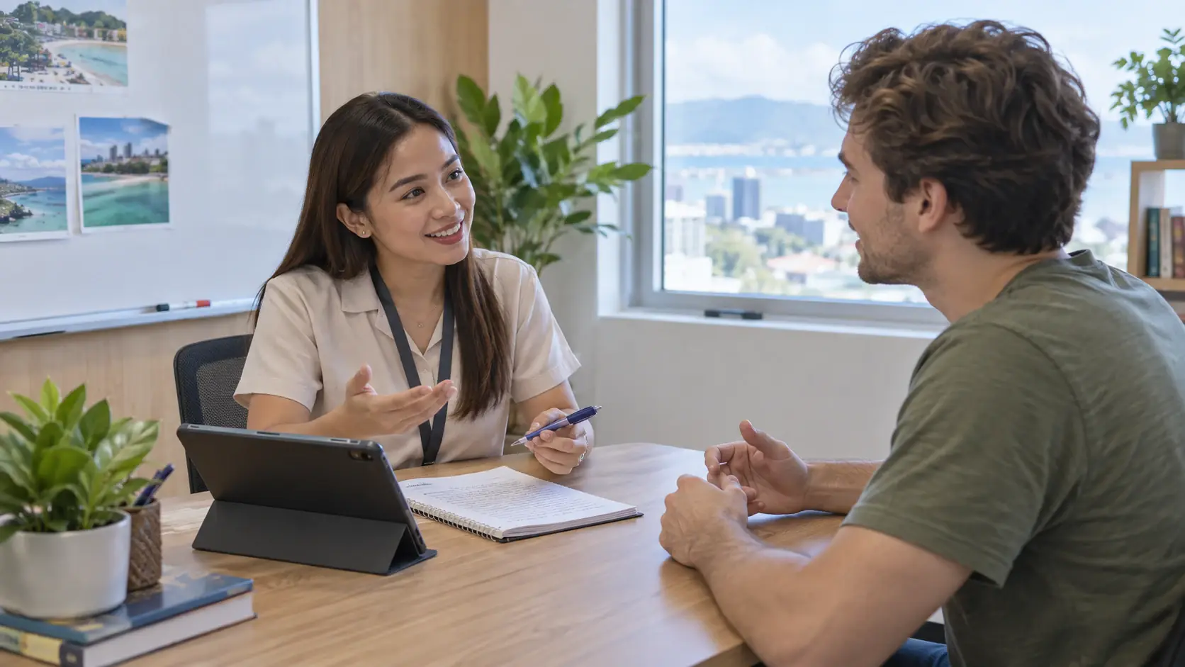A TSA student manager talking through a study plan with a student