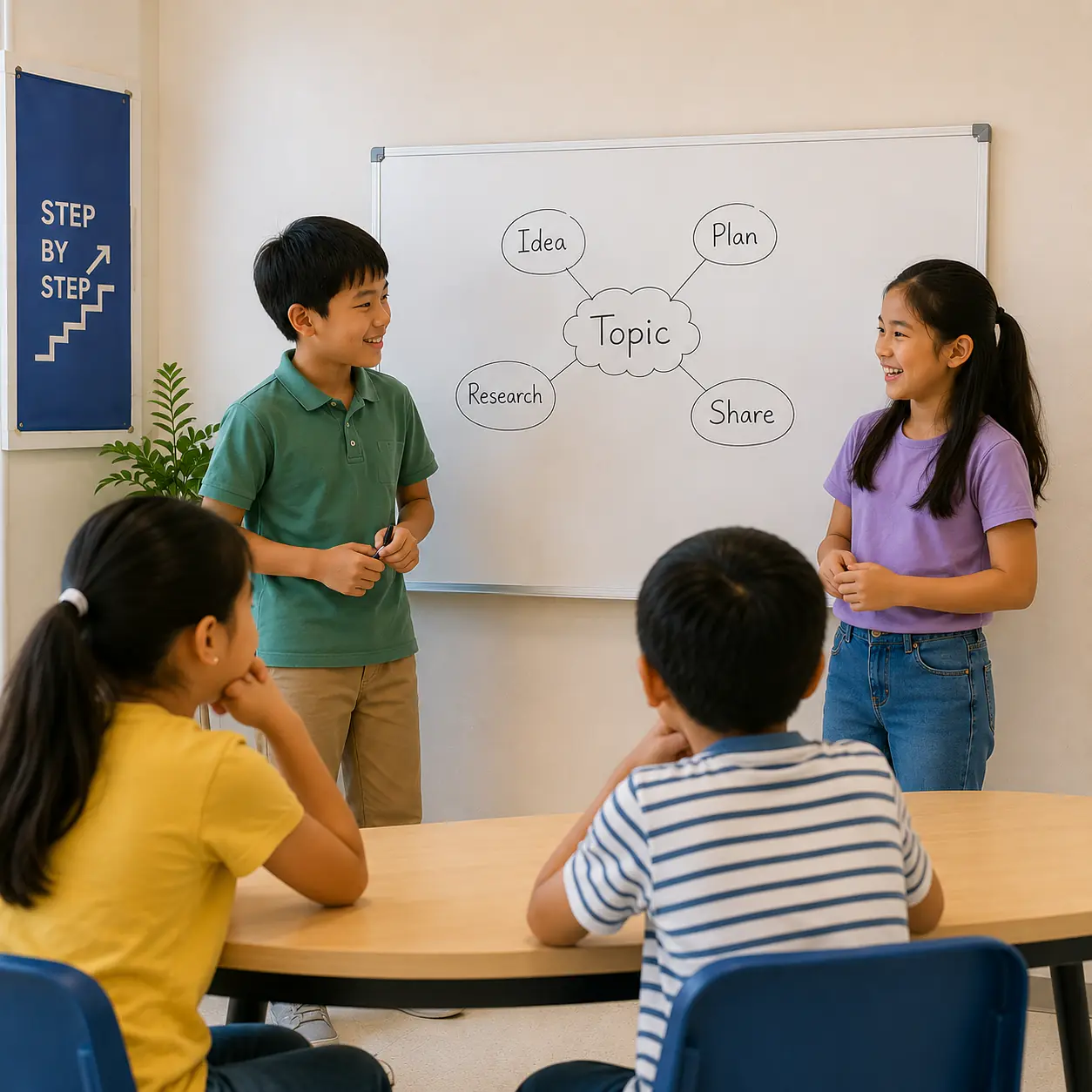 Students presenting ideas during a collaborative English activity